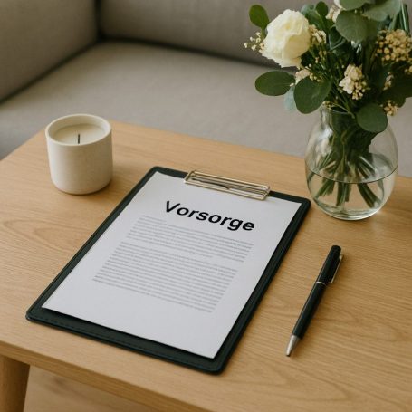 Auf einem Holztisch liegt ein Blatt mit der Aufschrift „Versorge“, daneben ein Stift und eine Kerze.