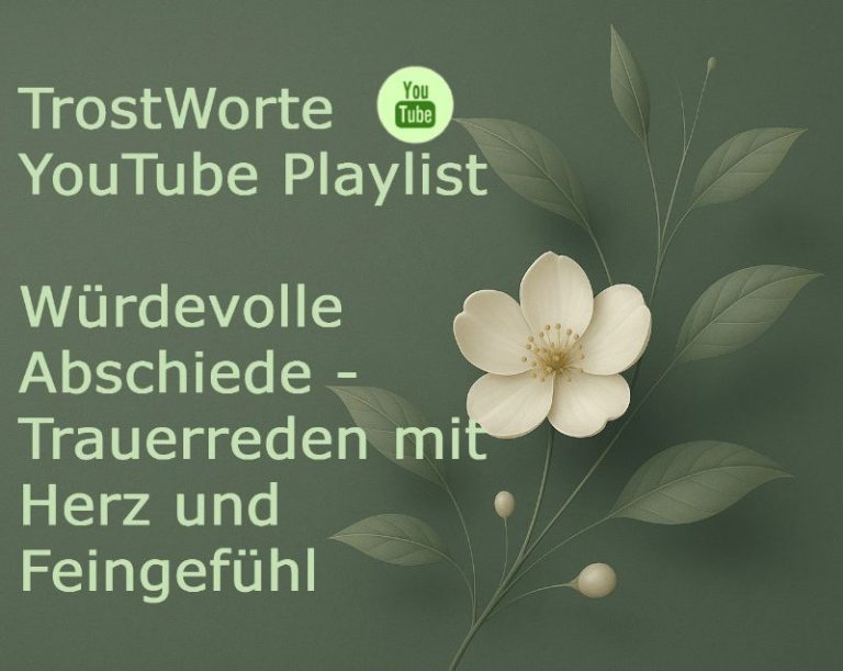 TrostWorte YouTube Playlist Würdevolle Abschiede Playlist "TrostWorte" mit dem Titel "Würdevolle Abschiede" und einer Blume auf grünem Hintergrund.