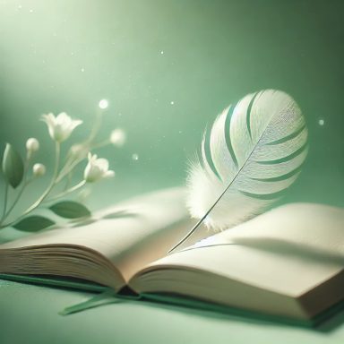 Offenes Buch mit einer Feder und Blumen auf einem sanften grünen Hintergrund.