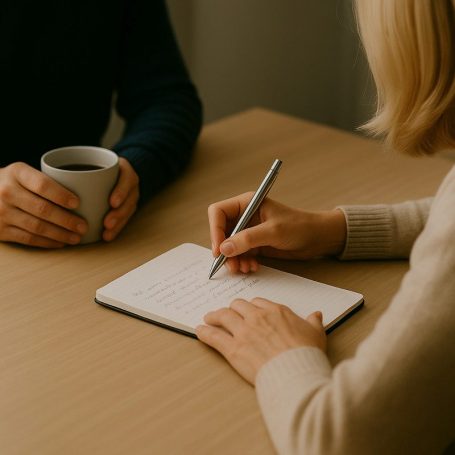 Eine Person schreibt in ein Notizbuch, während eine andere eine Tasse hält.