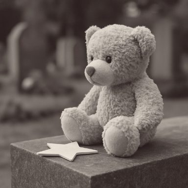 Grauer Teddy auf einem Grabstein sitzt neben einem weißen Stern.