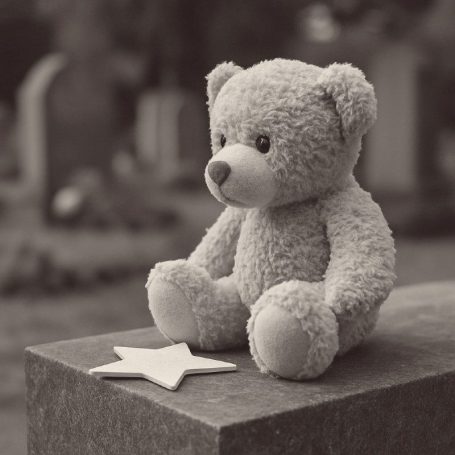 Kleiner, grauer Teddybär sitzt auf einem Grabstein neben einem weißen Stern.