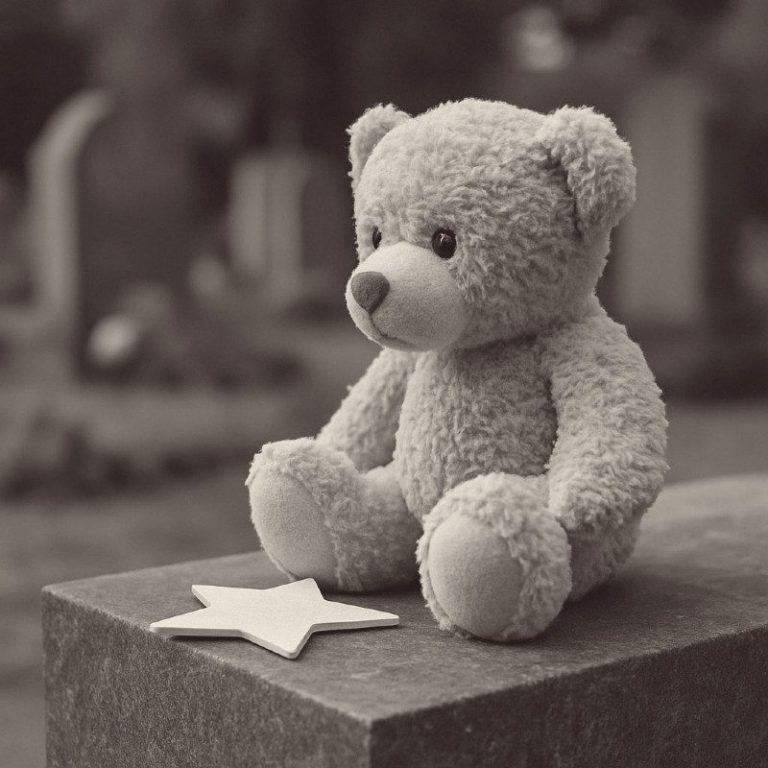 Ein plüschiger Teddybär sitzt neben einem weißen Stern auf einem Grabstein.