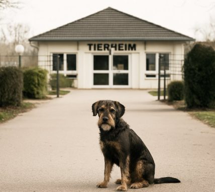 Ein Hund sitzt vor einem Tierheim mit dem Schriftzug "TIERSHEIM" über dem Eingang.