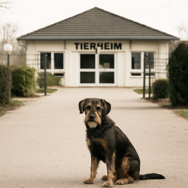 Ein Hund sitzt vor einem Tierheim mit einem klaren Eingang und Bäumen auf beiden Seiten.