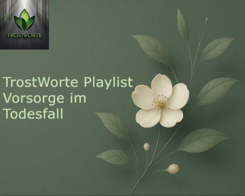 Text mit Blumenmotiv: "TrostWorte Playlist – Vorsorge im Todesfall" auf grünem Hintergrund.