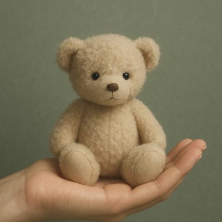 Heller Teddybär sitzt auf einer Hand mit grauem Hintergrund.