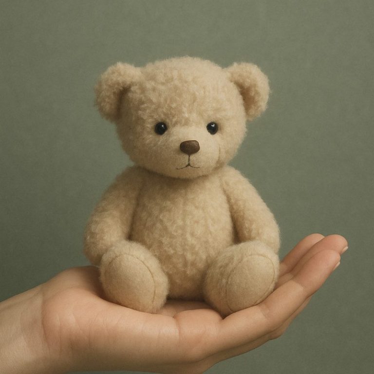 Beige Teddy bear sitzt auf einer Hand vor grünem Hintergrund.